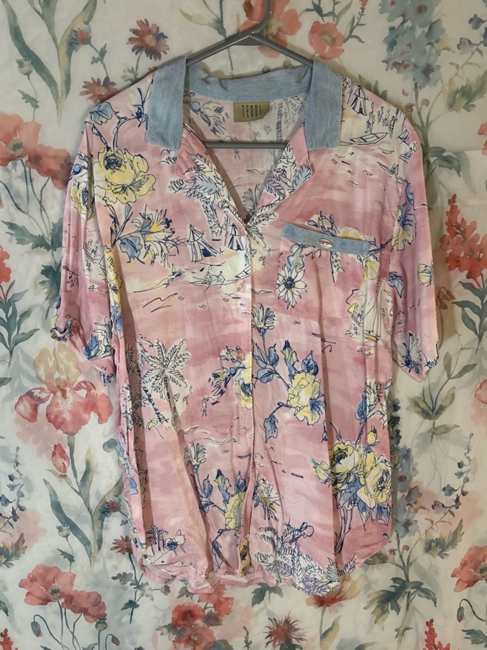 Vintage Teddi Pastel Pink Floral Camp Shirt with Light Blue Trim